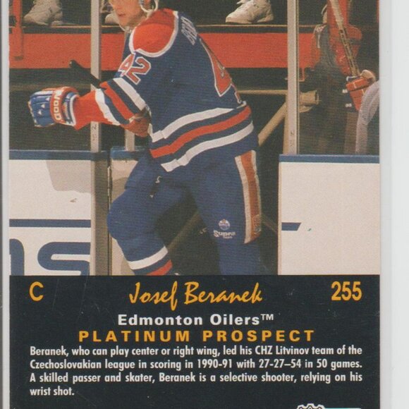 Josef Beranek 1992 Pro Set Platinum Prospect #255 Edmonton Oilers - Picture 2 of 2
